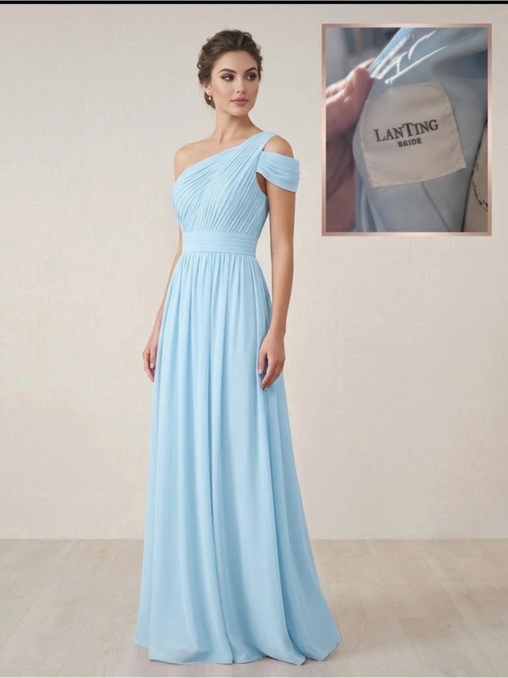 Lanting Bride One-Shoulder Chiffon Dress in Light Blue